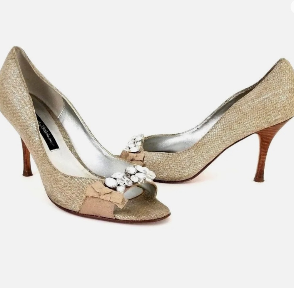 BEVERLY FELDMAN Tan Metallic Embellished Rhinestone Peep Toe Pumps Size 9.5